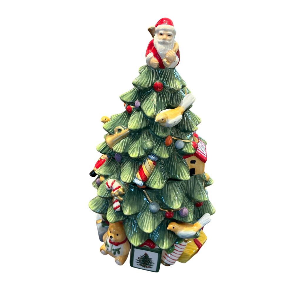 Vintage In Box Spode Christmas Tree Figural Cookie Jar with Santa Topper